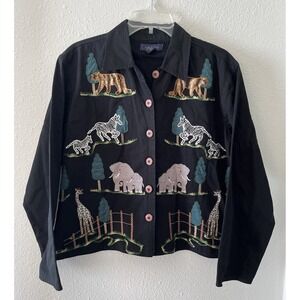 Life Style Womens Jacket Size L Black Safari Embroidered Appliqué Teacher Artsy